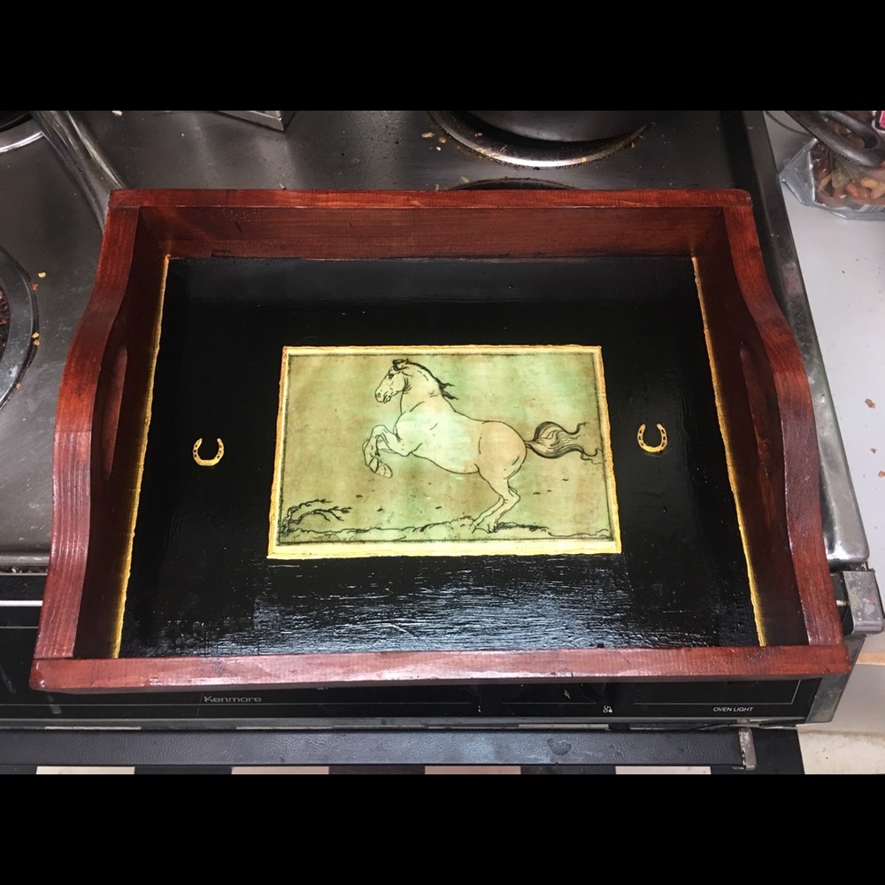 Wood Serving tray with Vintage Deco Horse Print